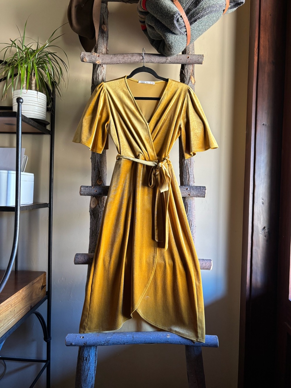 Fraiche by J Velour Faux Wrap Mustard Gold Dress - Fall & Holiday Staple